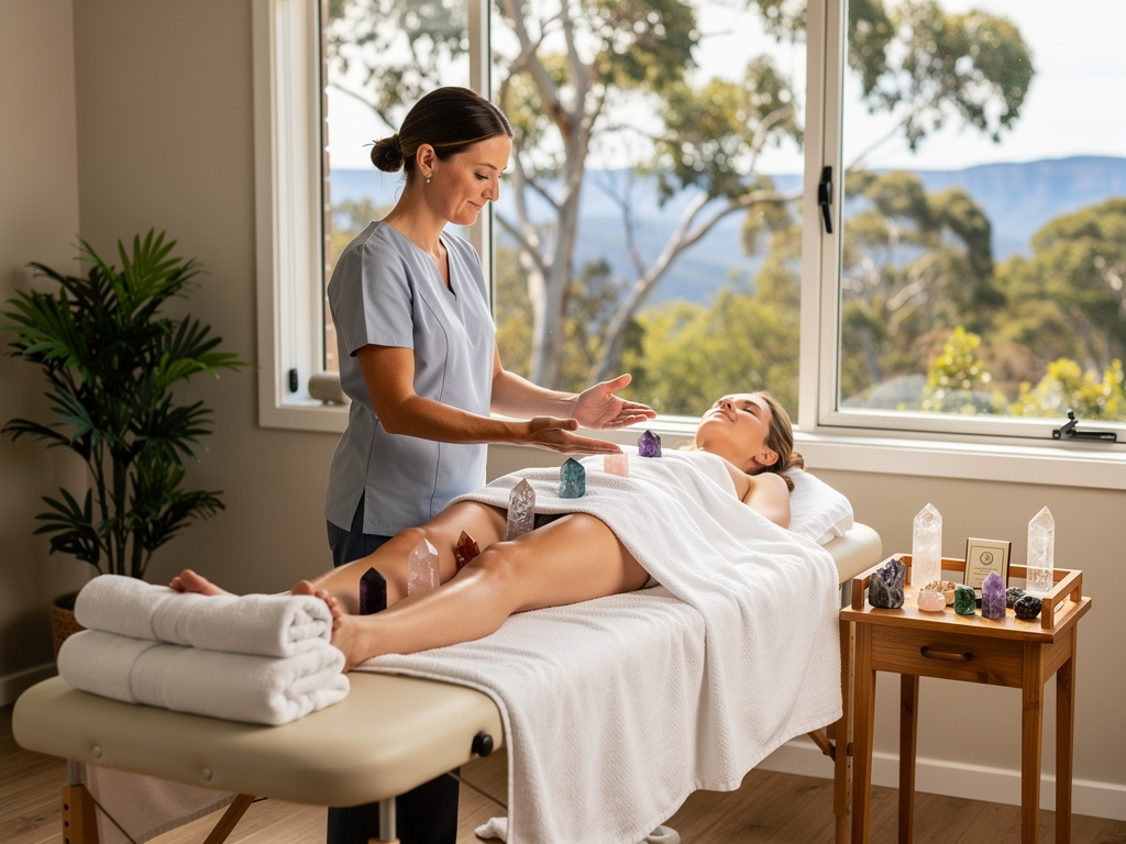 Holistic crystal healing therapy session with practitioner treating woman on massage table in spa room
