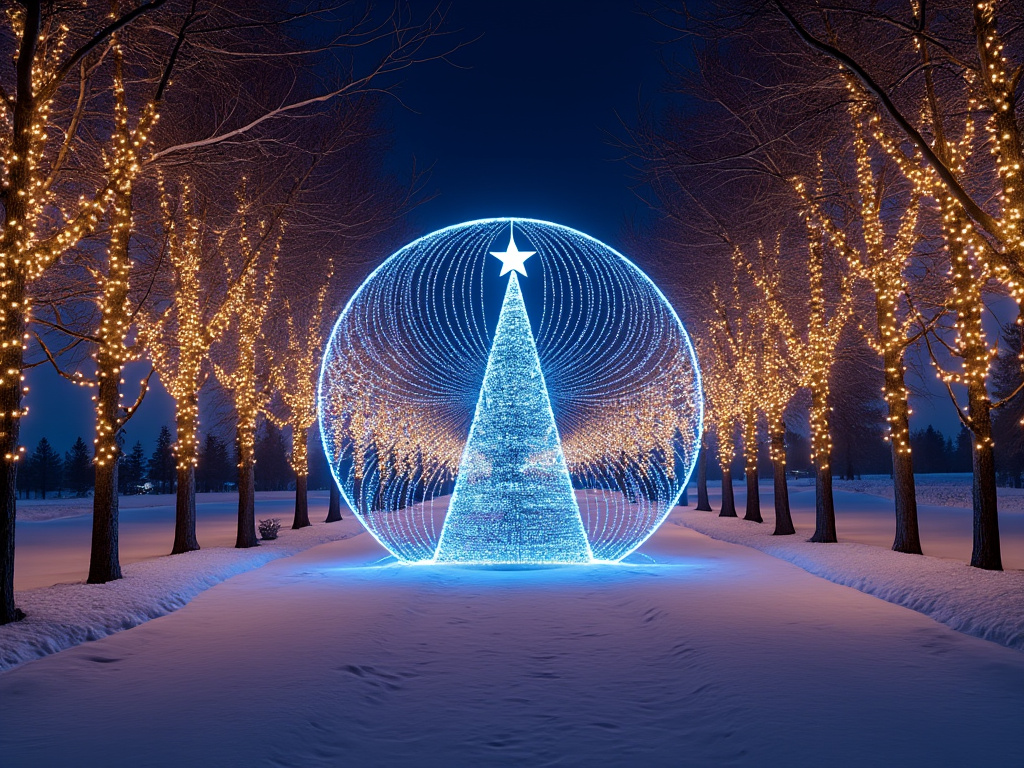 Winter scene with illuminated trees lining a snowy pathway leading to a large glowing Christmas tree made of blue lights, topped with a star.
