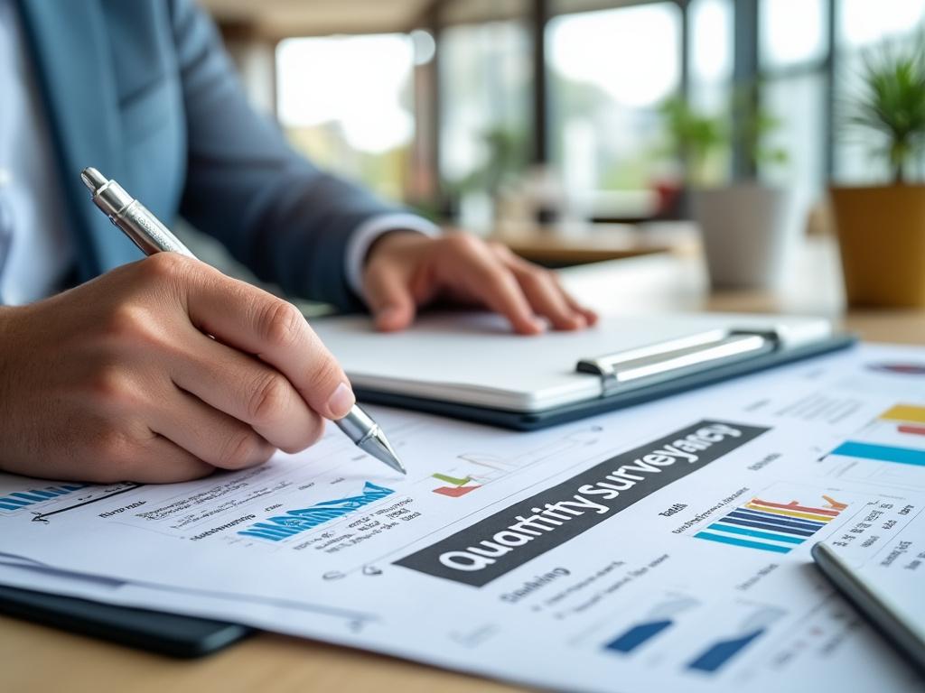 Business professional reviewing financial charts and graphs on a quantity survey report at a desk.