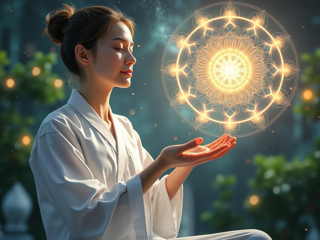 Woman in white robe meditating in a forest with glowing mandala above hands.