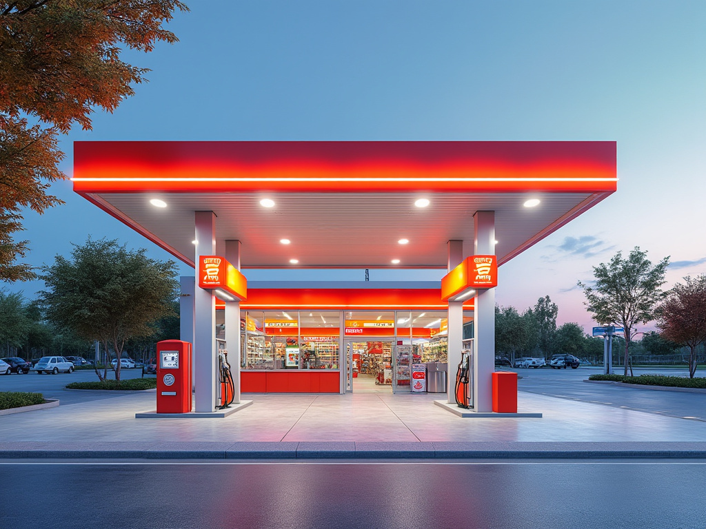 Modern gas station at dusk with bright red canopy, illuminated forecourt, and convenience store.