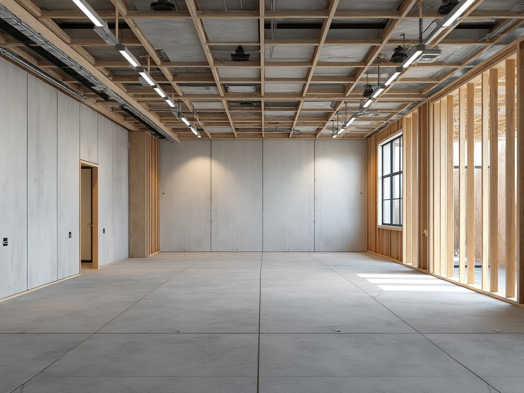 Unfinished modern commercial interior with exposed timber framing, concrete floors, ceiling beams, LED lights, and large windows
