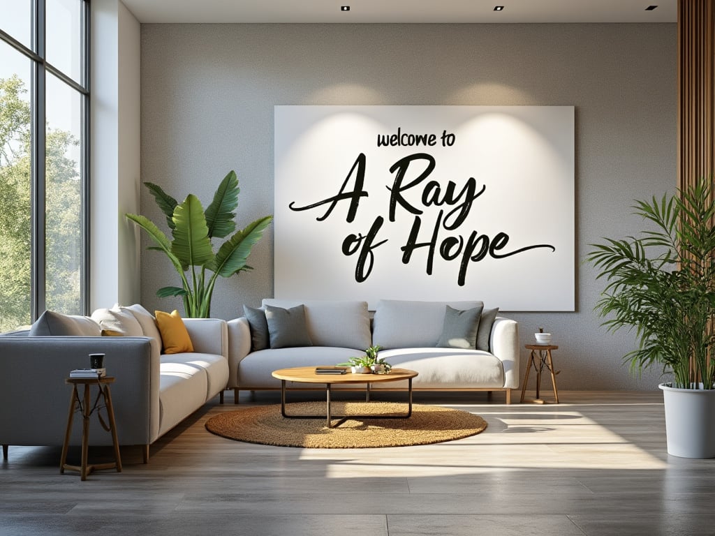 Modern living room with a large white sign saying 'Welcome to A Ray of Hope,' surrounded by green plants and cozy gray sofas, illuminated by natural light from large windows.