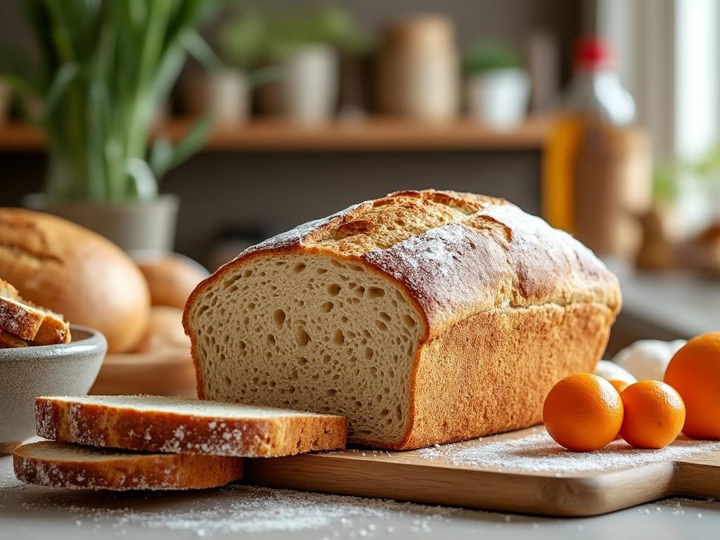 Freshly baked loaf of bread with slices on a wooden board, surrounded by kumquats in a cozy kitchen setting.