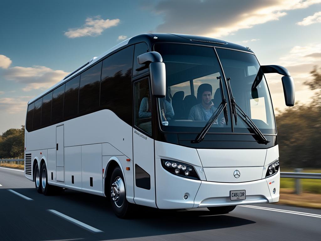 Modern white tour bus driving on a highway with a clear blue sky background.