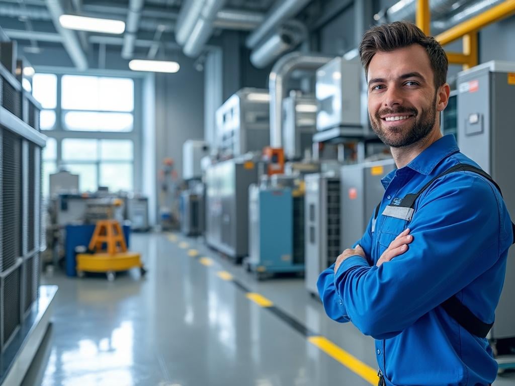 Smiling engineer in a blue uniform standing in a modern industrial facility with machinery in the background. Smiling engineer in a blue uniform standing in a modern industrial facility with machinery in the background.