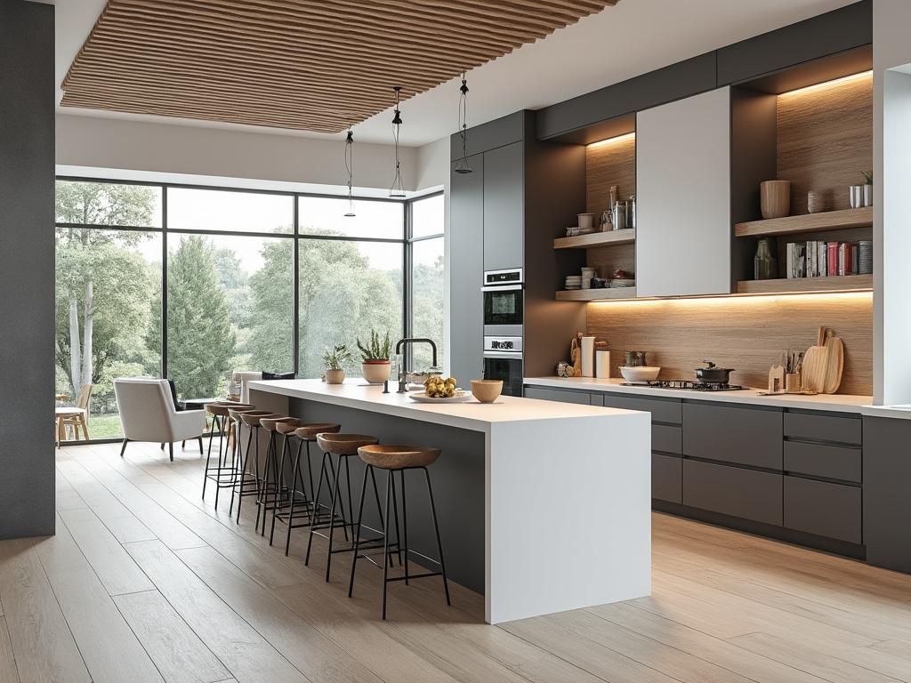 Modern kitchen interior with large windows, sleek cabinetry, and central island with wooden stools, overlooking a lush garden.