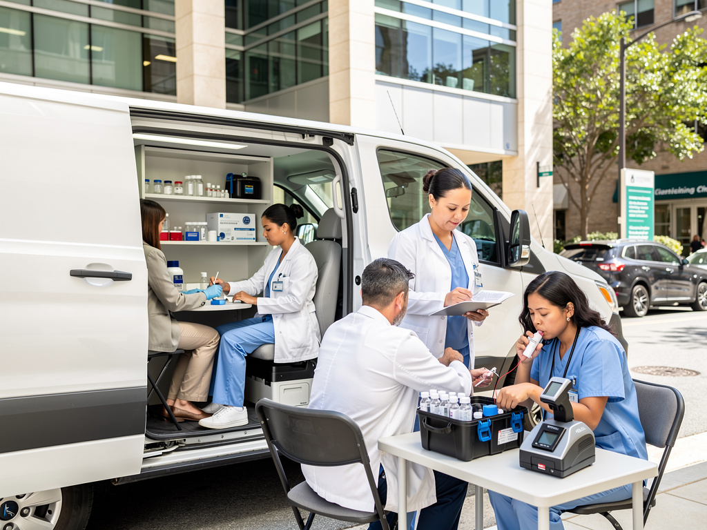 Mobile health clinic van with medical staff conducting patient testing and screenings outside an urban healthcare facility