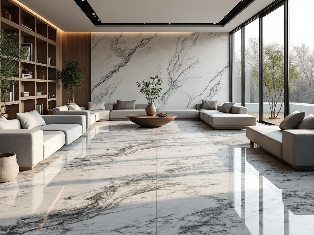 Salon moderne avec canapé blanc, murs en marbre, étagères en bois, grandes fenêtres et plantes vertes.