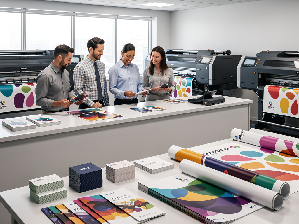 Team reviewing colorful print samples in modern large format printing studio with digital printers and marketing materials
