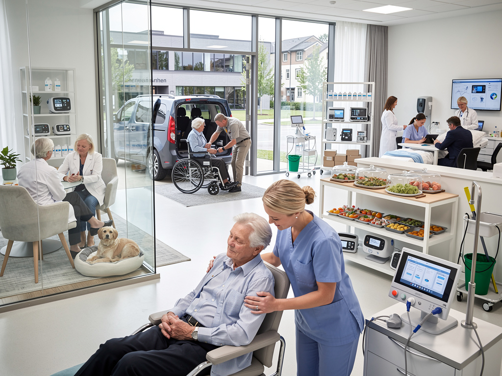 Modern senior care clinic with nurses assisting elderly patients, wheelchair transport, medical equipment, therapy dog, and healthy meals