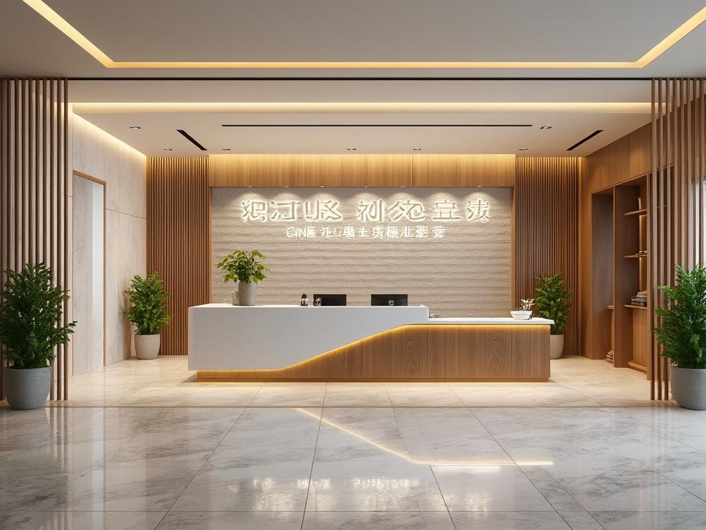 Modern office reception area with wooden accents, a sleek white desk, potted plants, and illuminated signage on the wall. Modern office reception area with wooden accents, a sleek white desk, potted plants, and illuminated signage on the wall.