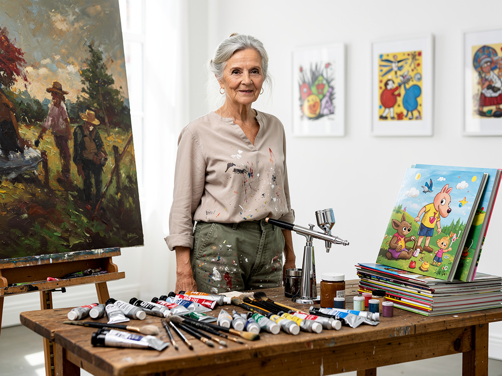 Elderly female artist in bright studio with painting supplies, easel landscape artwork, airbrush, and colorful children’s book illustrations