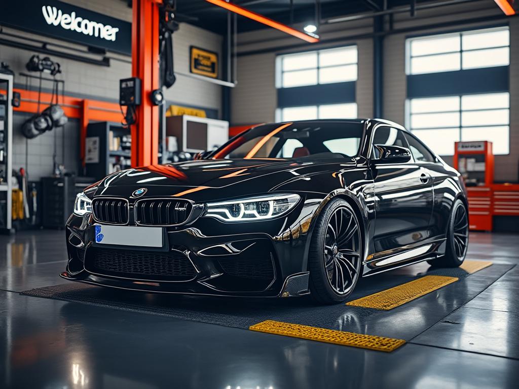 Sleek black BMW sports car parked in a modern garage with tools and equipment in the background.