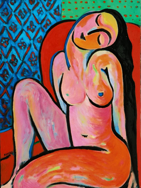 nude in red chair painting picasso inspired