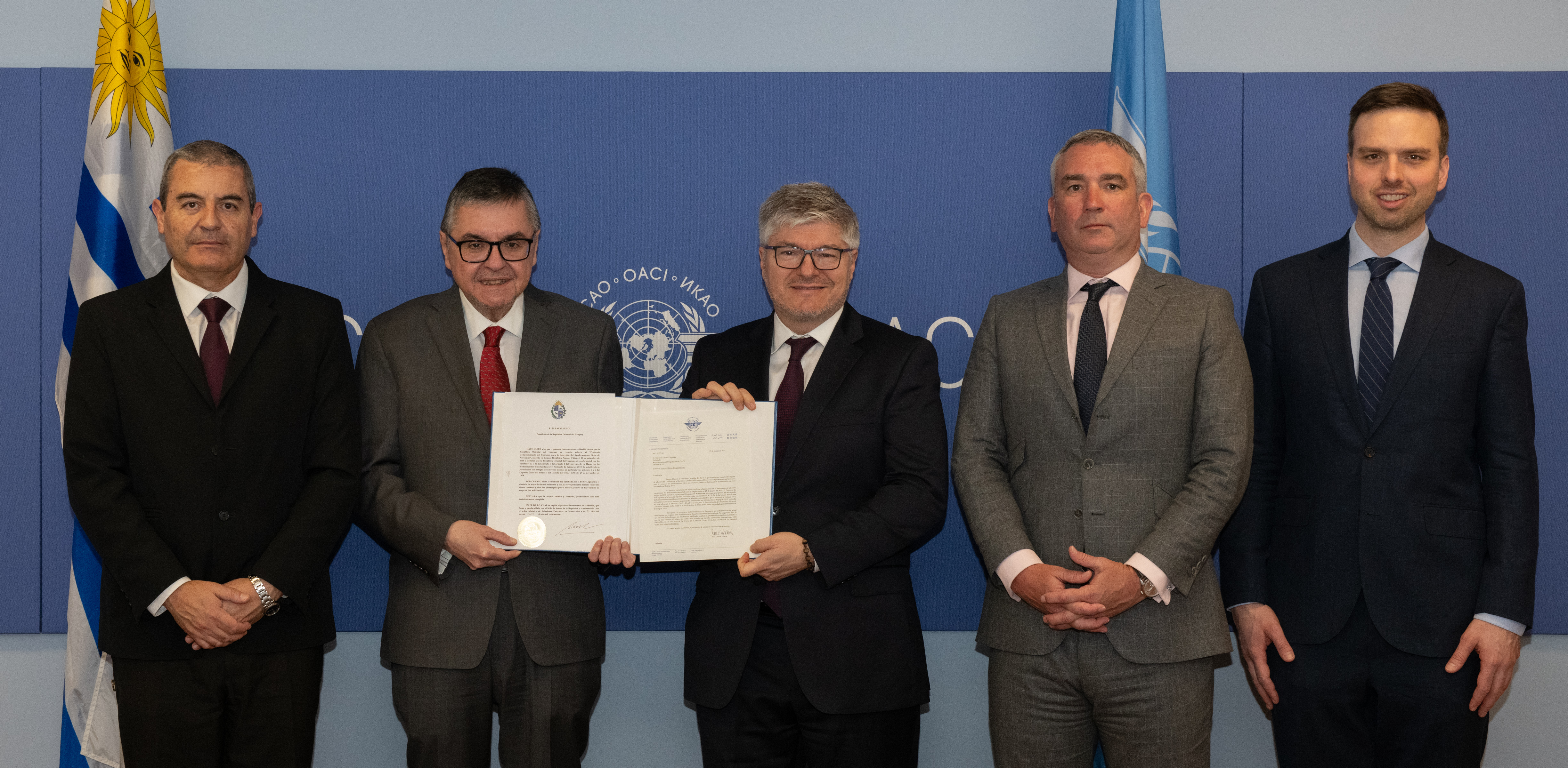 13 March 2024  - Uruguay deposited an instrument of accession to the Protocol Supplementary to the Convention for the Suppression of Unlawful Seizure of Aircraft, done at Beijing on 10 September 2010. Ambassador Gustavo Alvarez Goyoaga, Representative of Uruguay to ICAO and Mr. Eduardo Aguirregaray, Alternate Representative of Uruguay to ICAO, were present for Uruguay. ICAO Secretary General, Mr. Juan Carlos Salazar.
