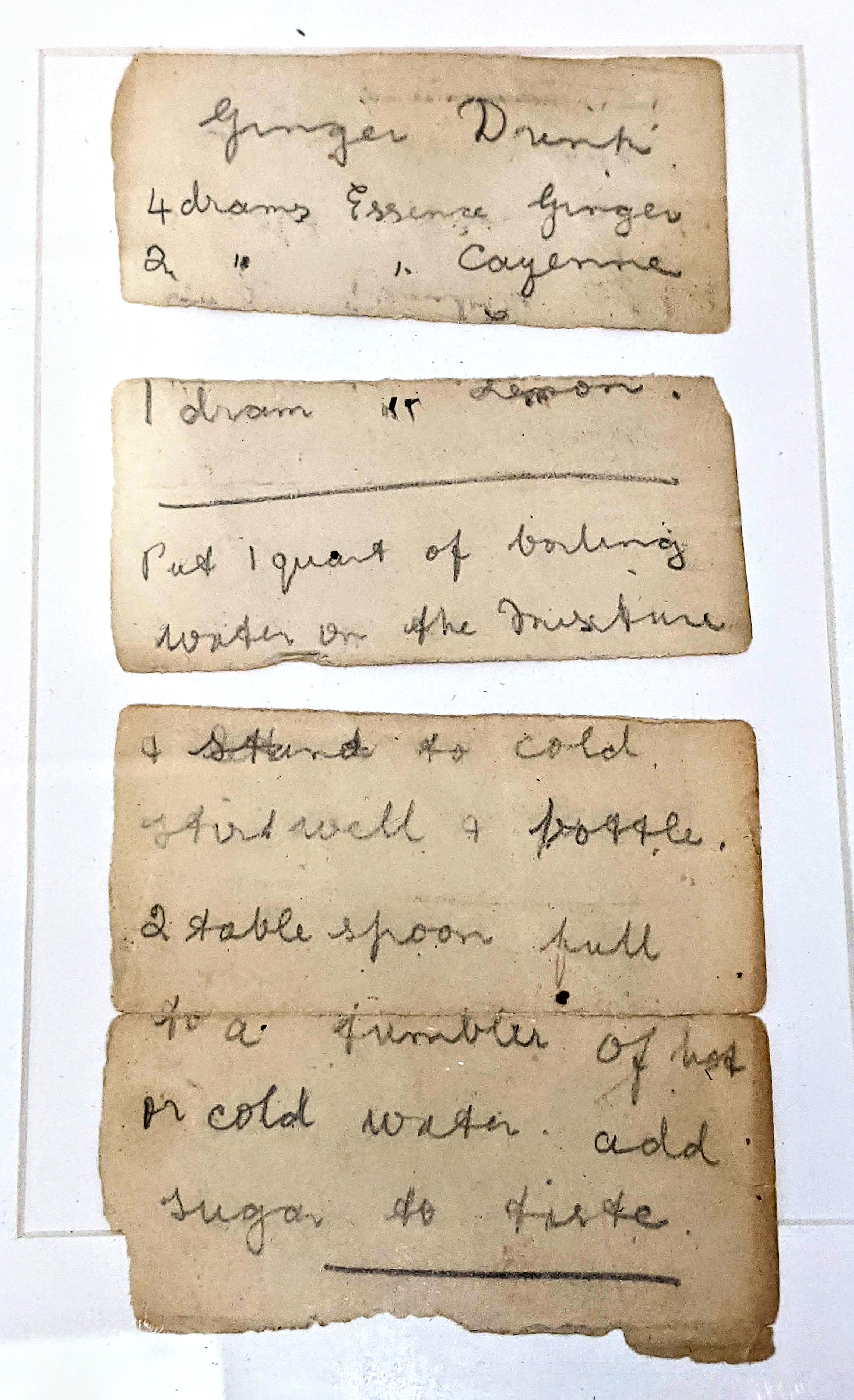 This is a recipe for "Ginger Drink" - which sounds like it could be a thirst quencher - but also a medical aid. The ingredients listed are Ginger essence, Cayenne essence and lemon essence - all of which have powerful flavors and are known for their health benefits. The last instruction is to "add Sugar to taste" - make yourself a batch and let us know what you think. Medical drink or thirst quencher?
998.1.14 / Newman, Jack + Pearl