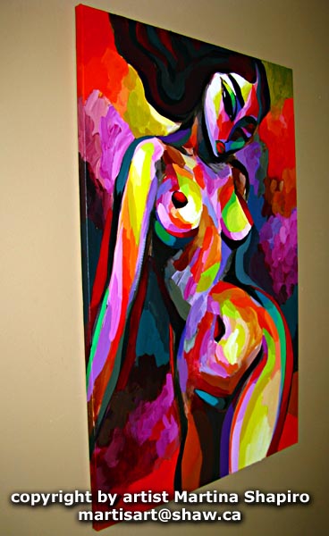 "Red Nude Mystique" painting hanging on a wall - artist Martina Shapiro