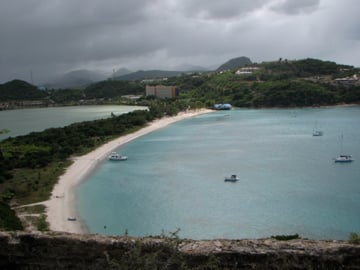 DEEP BAY ANTIGUA FROM THE FORT AT THE TOP OF THE HILL. COMPASS ROSE X IS THERE TOO.