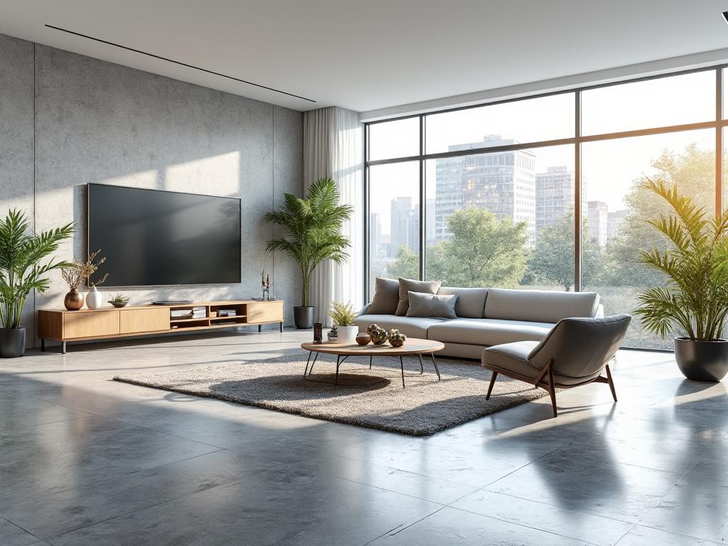 Modern living room with large windows, grey sofa, wooden TV stand, plants, and city view.