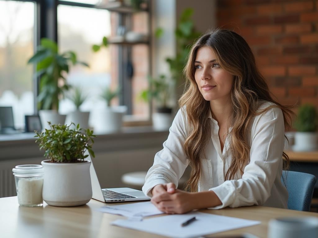 Professional woman sitting at a modern office desk with laptop, papers, and indoor plants