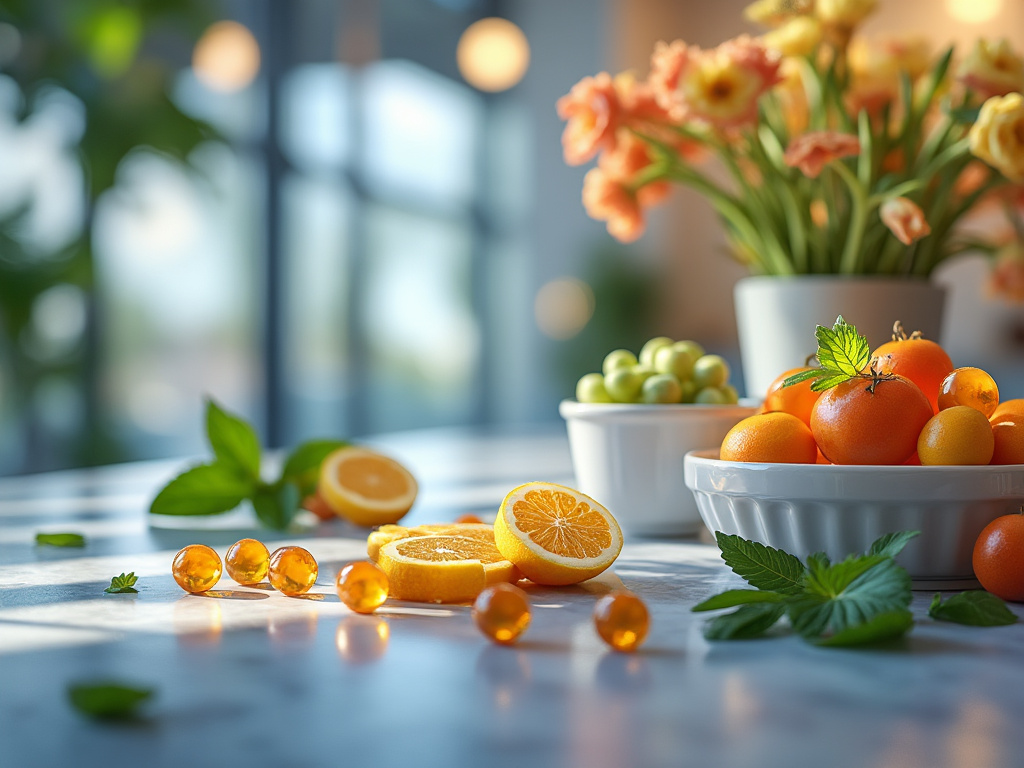 Fresh citrus fruits and vitamin capsules on a marble counter with potted flowers in the background.