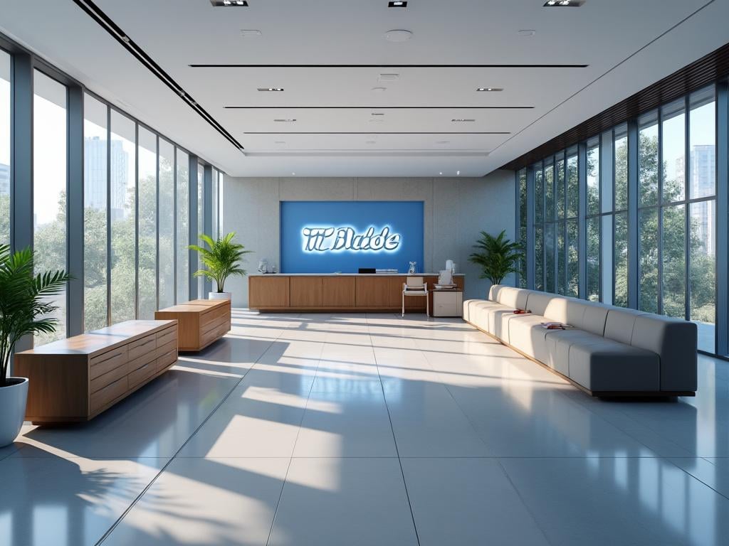 Modern office lobby with large windows, sleek furniture, and a prominent reception desk.