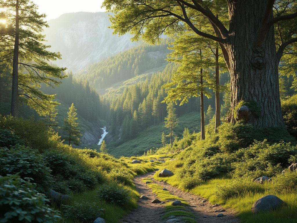 Scenic forest path with sunlight filtering through trees, leading to distant waterfall in mountainous landscape.