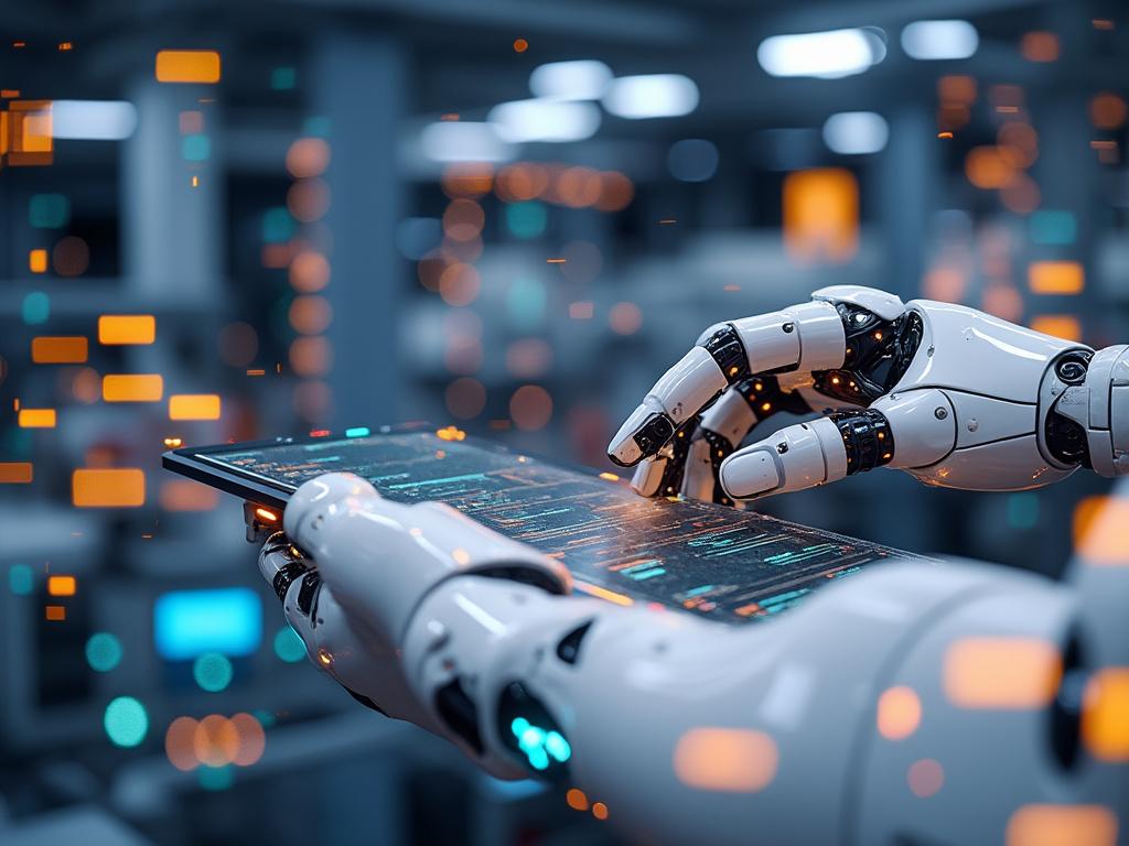 Robotic hands interacting with a digital tablet, surrounded by glowing data streams in a futuristic setting.