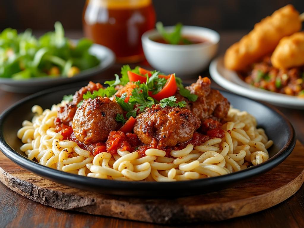 Plate of spaghetti with meatballs in tomato sauce garnished with herbs, surrounded by salad and bread on a wooden table.