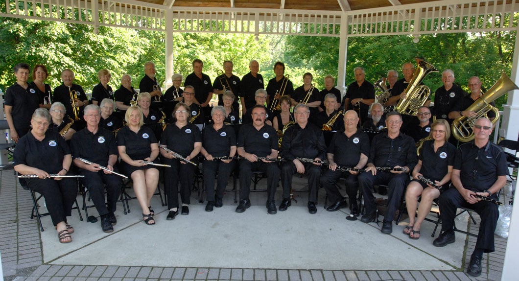 Full concert band of the Lakeshore New Horizons Band at the gazebo in Bowmanville, Ontario.