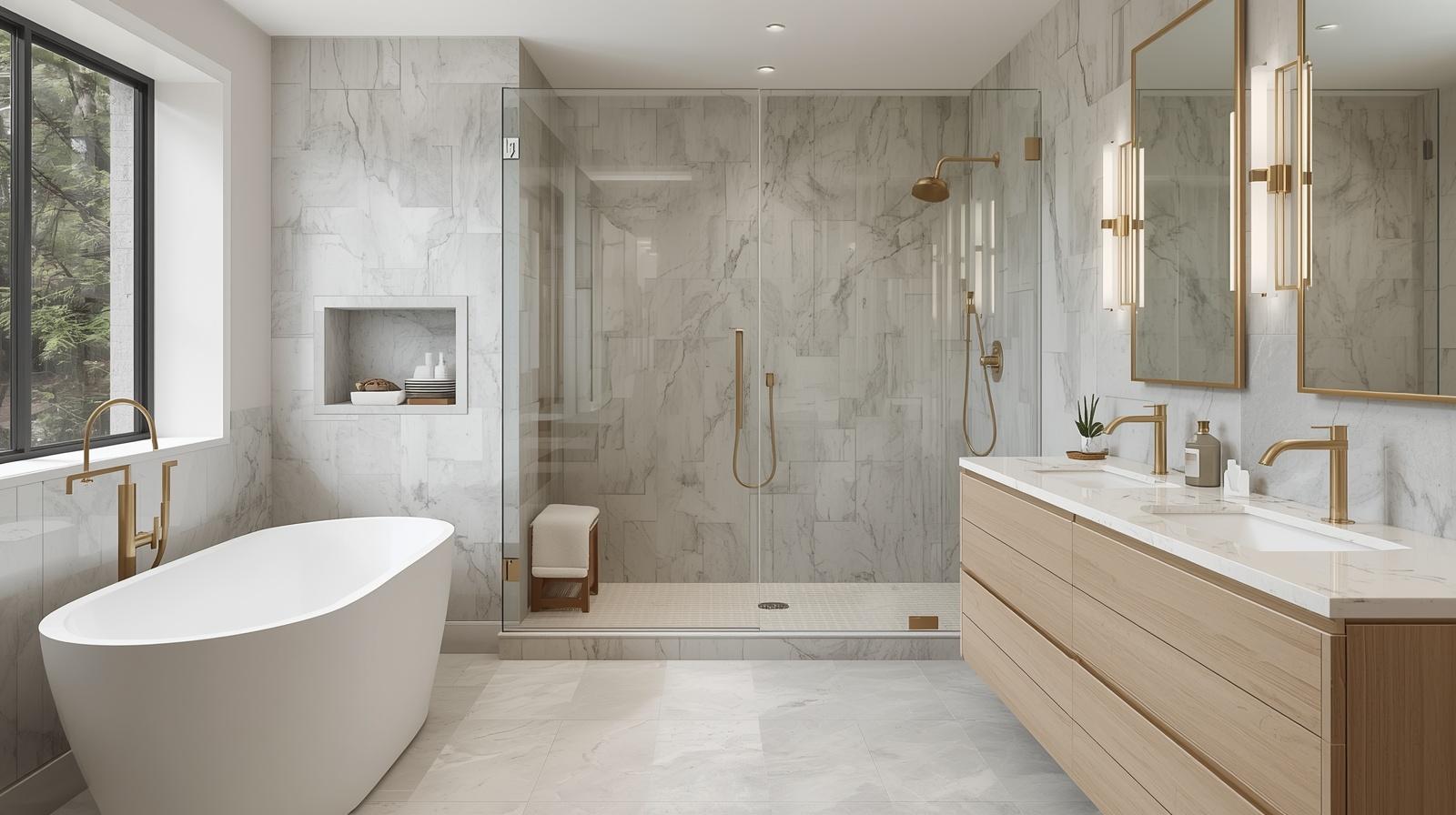 Salle de bain  moderne et minimaliste avec des grandes baies vitrées.