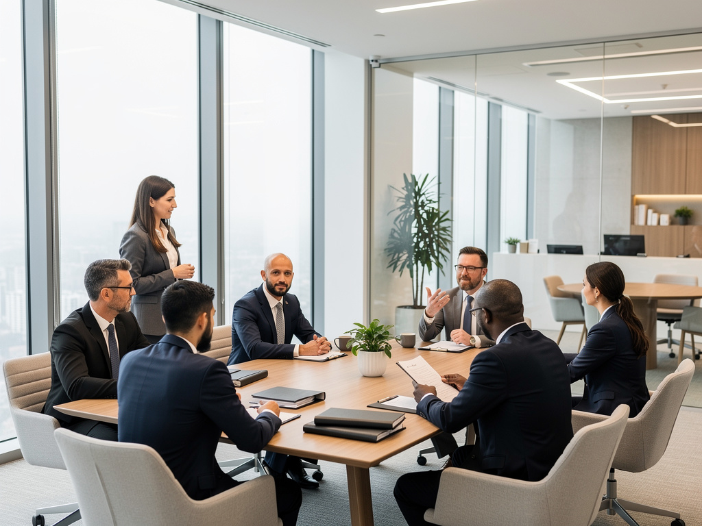 Professional business team meeting in a modern glass conference room with executives discussing strategy