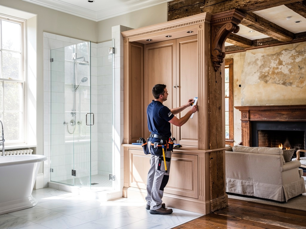 Carpenter installing custom wooden built-in cabinet beside glass shower in luxury bathroom renovation
