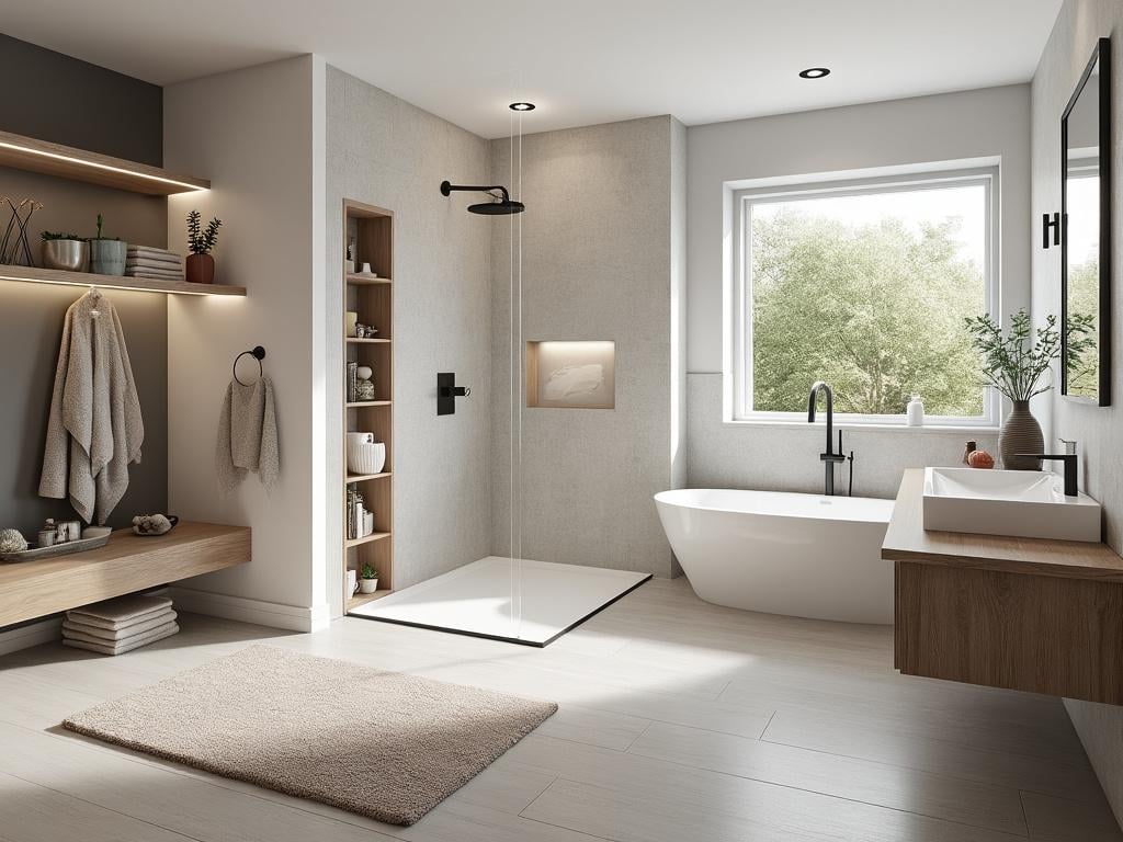 Modern bathroom with freestanding bathtub, large window, built-in shelving, and minimalistic shower design.