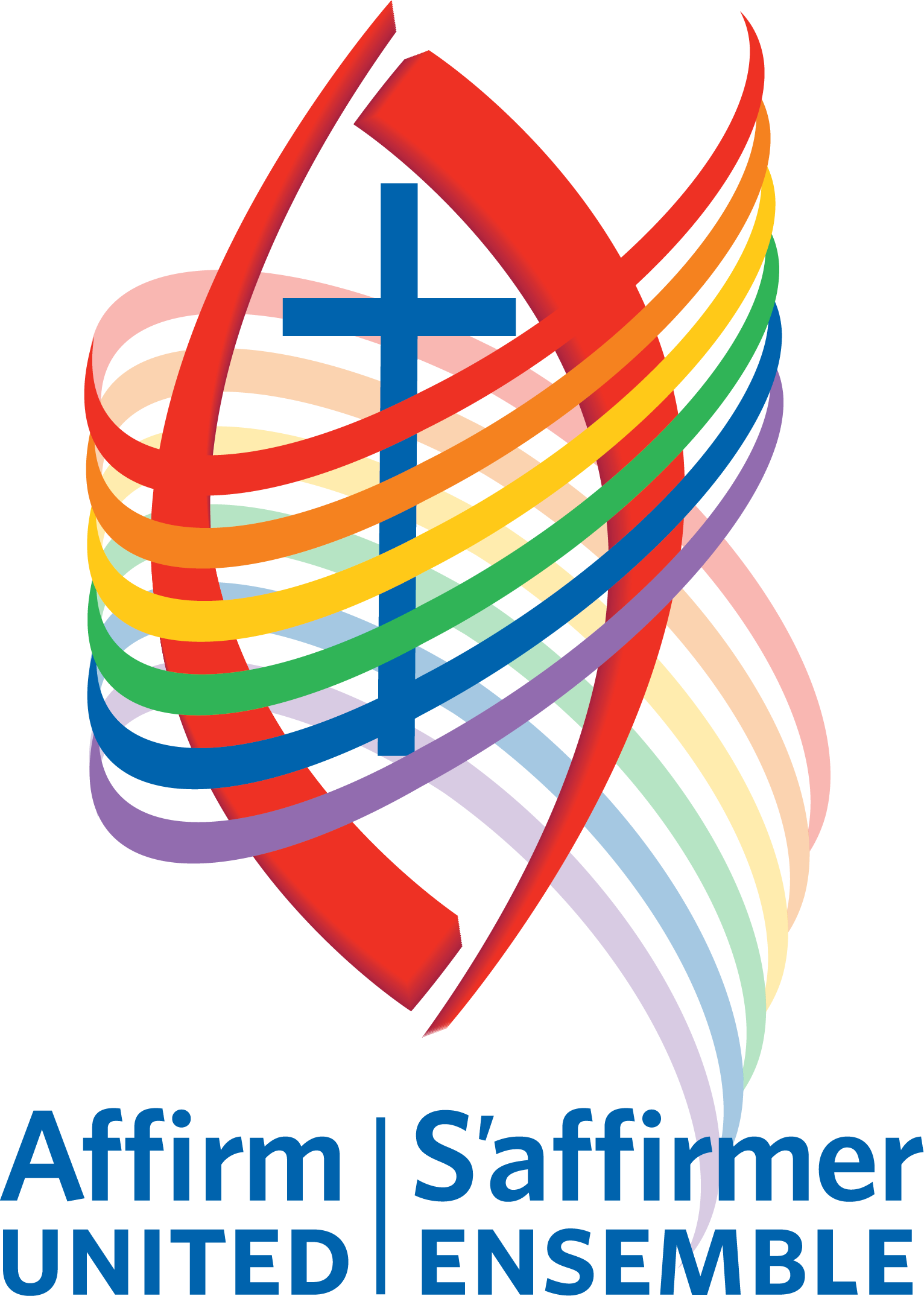 Affirm United logo: a blue cross surrounded by a rainbow swirl