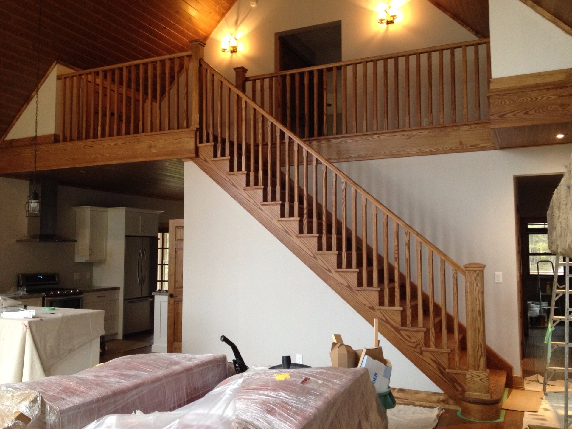 Straight red oak stair