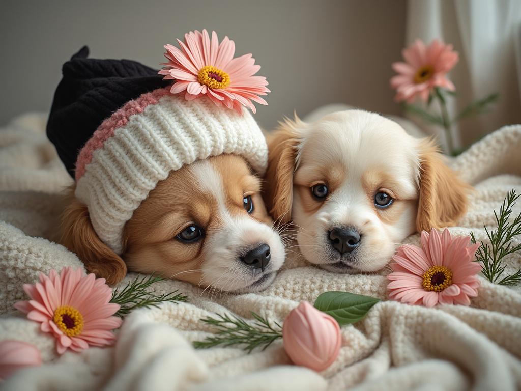 Two adorable puppies lying on a soft blanket surrounded by pink flowers, with one wearing a cozy knit hat adorned with a daisy. Two adorable puppies lying on a soft blanket surrounded by pink flowers, with one wearing a cozy knit hat adorned with a daisy.