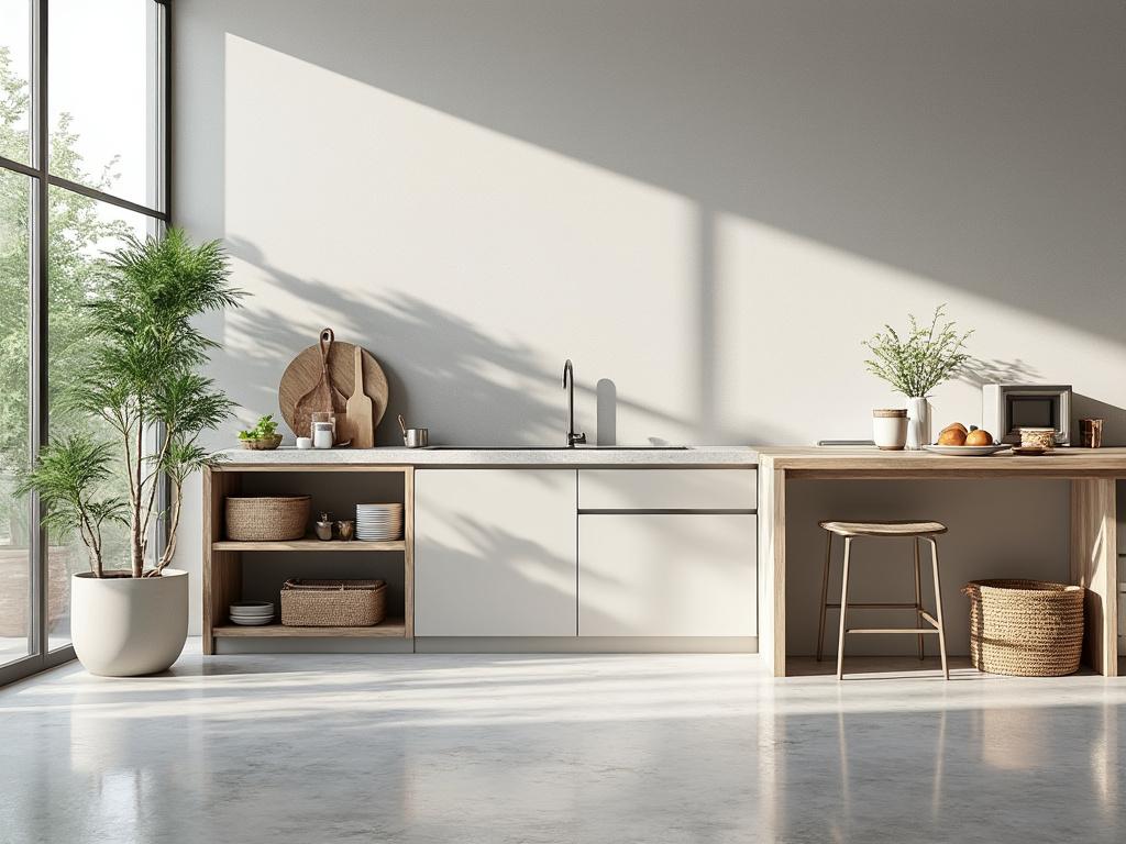 Minimalist kitchen interior with light wood cabinets, potted plants, and natural lighting from large windows.
