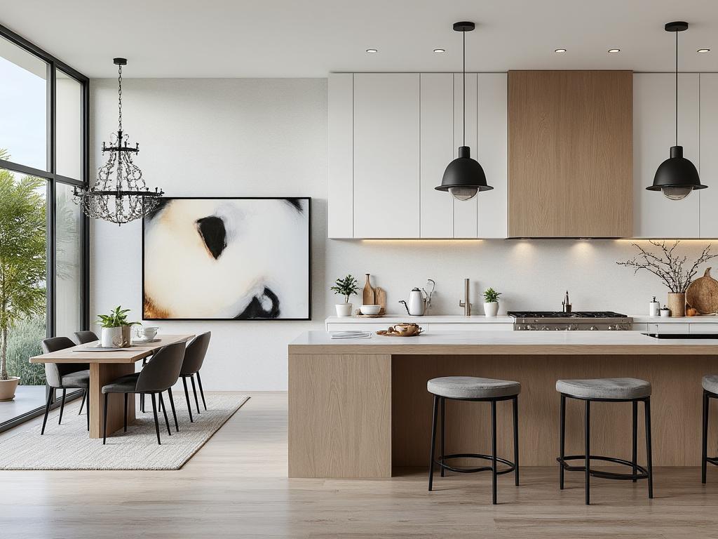 Modern kitchen and dining area with a large abstract painting, wood accents, pendant lighting, and a view of greenery through floor-to-ceiling windows.