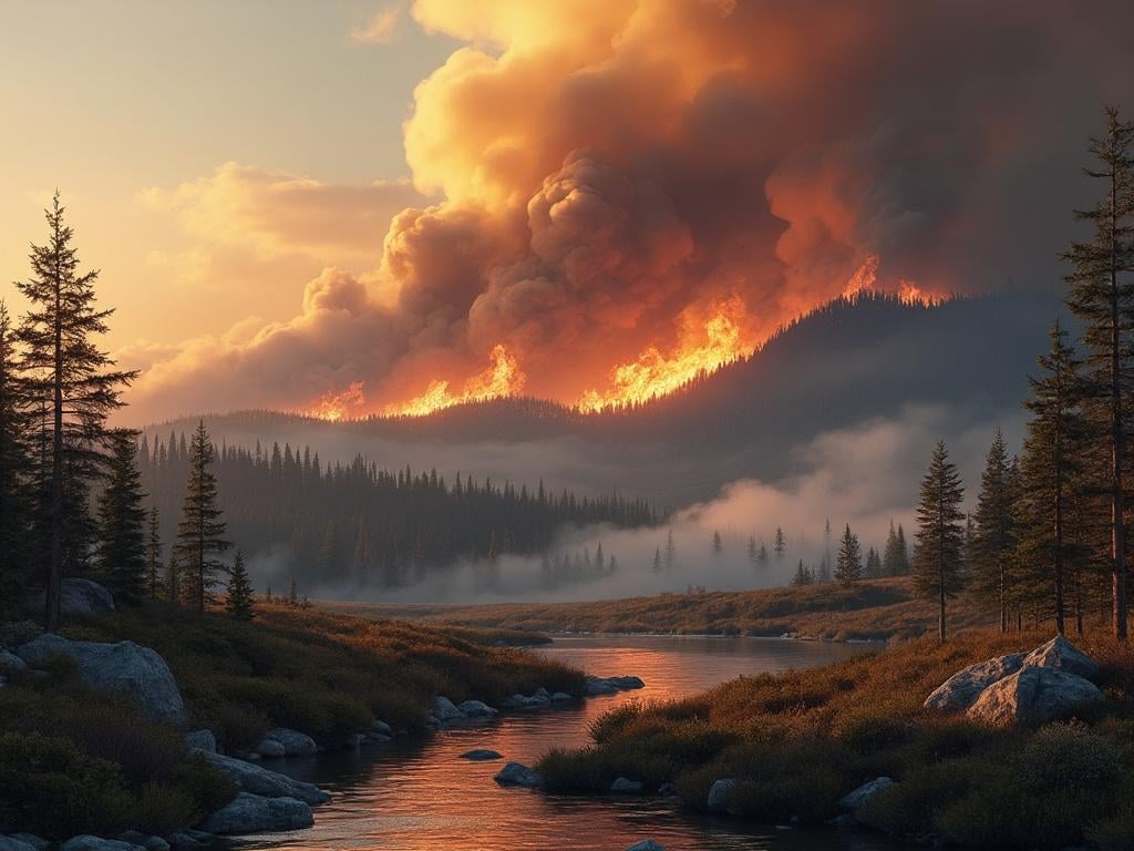 Forest fire with thick smoke and flames on a hill, surrounded by tall trees and calm river at sunset.
