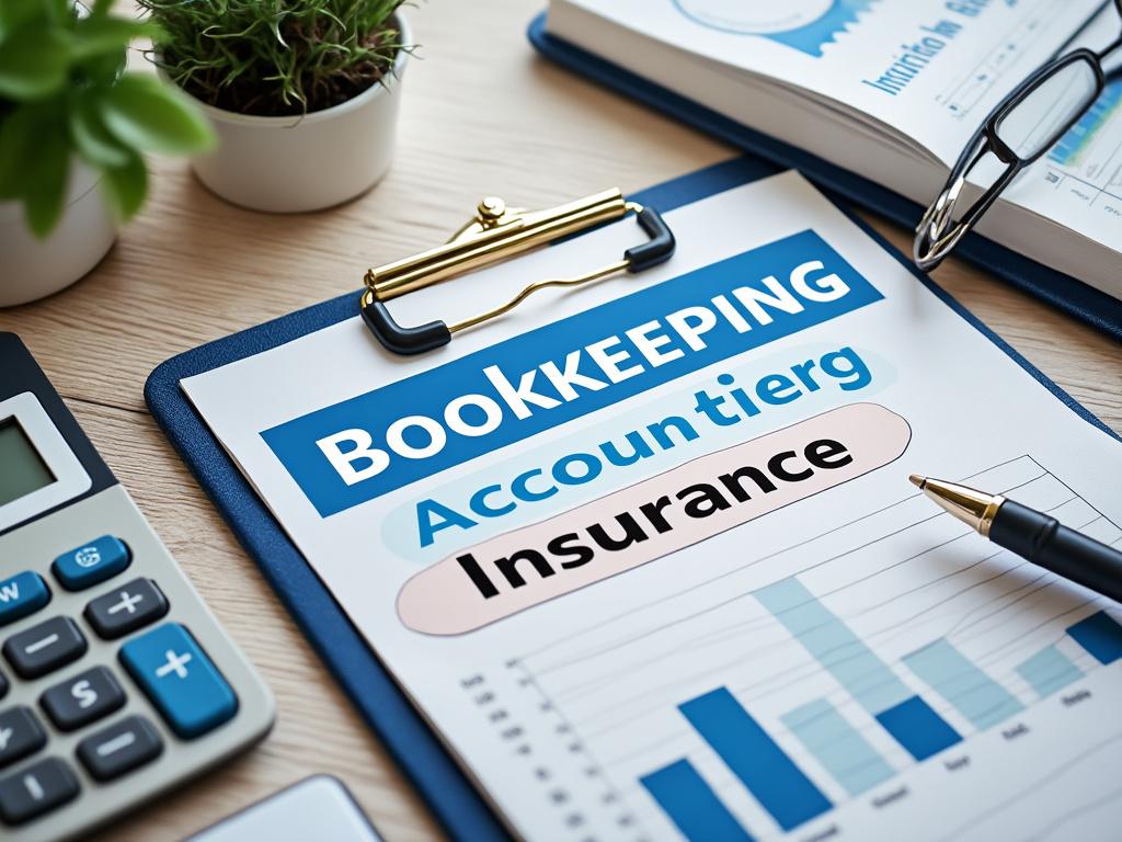Close-up of clipboard with bookkeeping, accounting, and insurance terms beside calculator and charts.