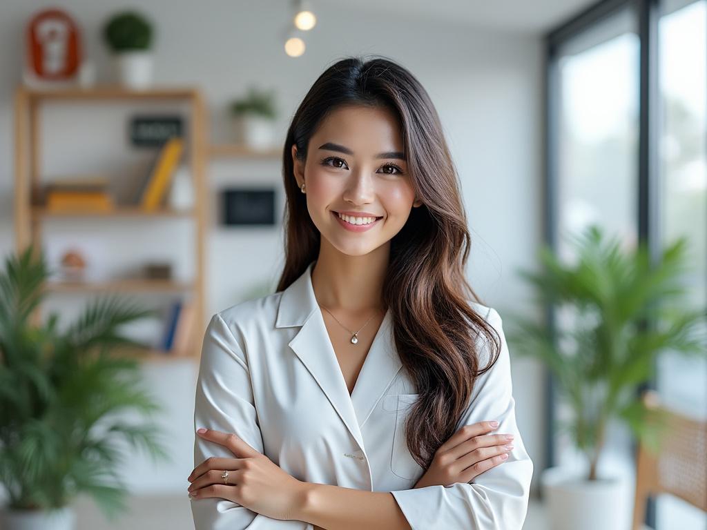 Smiling woman in a professional outfit standing in a modern office with plants and bookshelves.