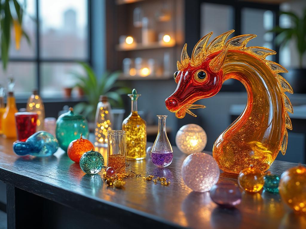 Colorful glass dragon sculpture surrounded by various vibrant glass ornaments and bottles on a table, illuminated by soft background lighting in a modern room.