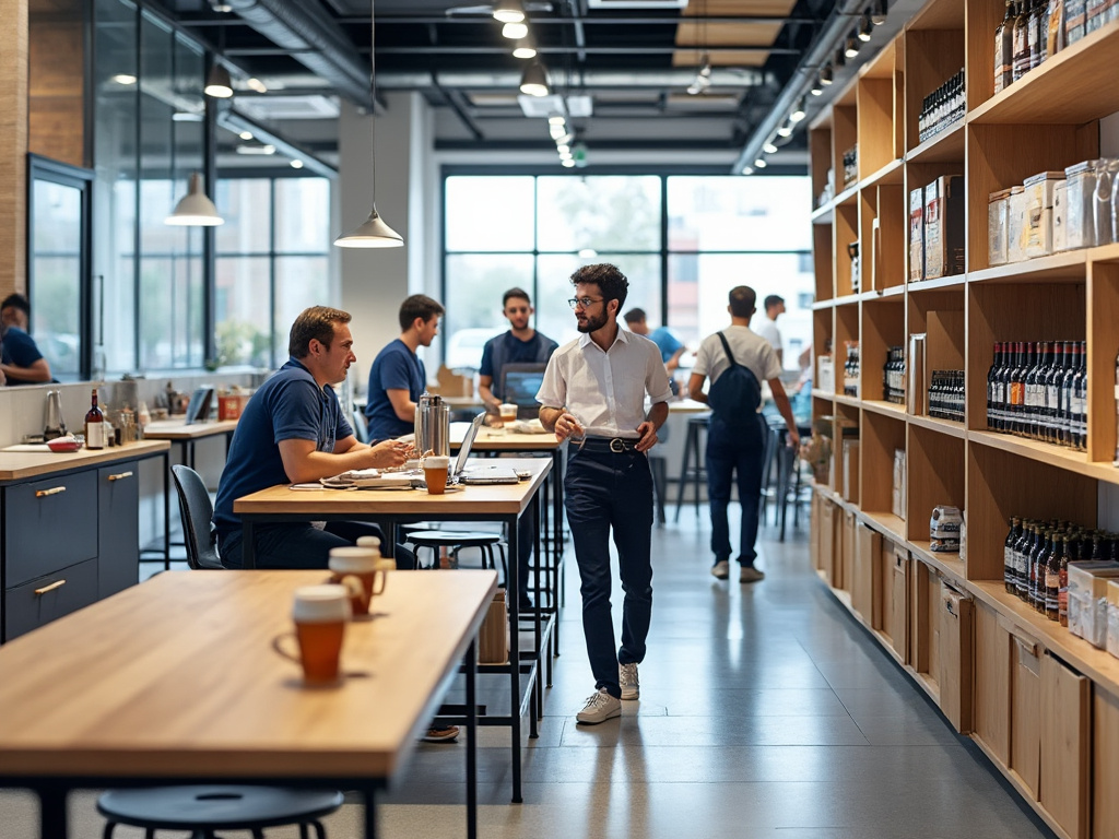 Modern cafe with people sitting and walking, surrounded by shelves of bottles and grocery items, under hanging lights.