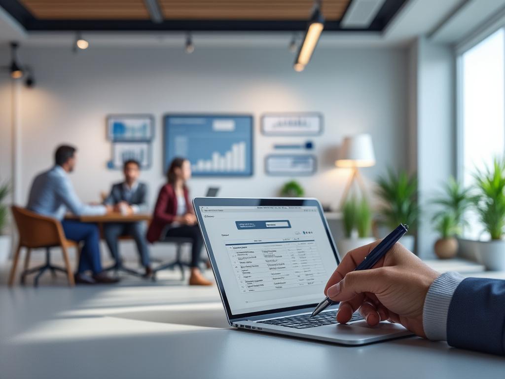 Person working on laptop at office desk with business meeting in the background, modern office interior with charts on the wall.