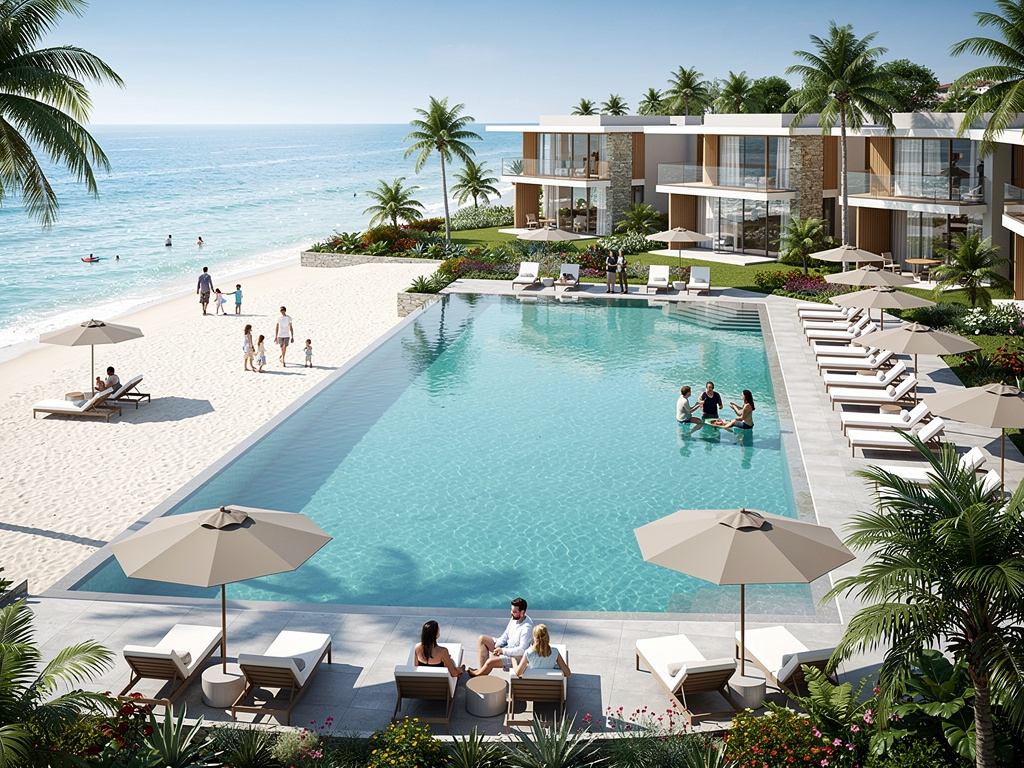 Luxury beachfront resort with infinity pool, palm trees, lounge chairs, white sand beach, and modern oceanfront villas