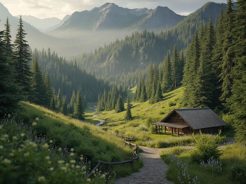Scenic mountain landscape with a wooden cabin surrounded by lush green trees and a winding path.