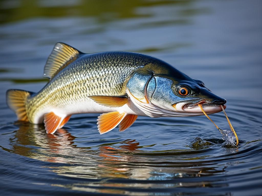 Close-up of a fish with a shiny metallic blue and orange body, emerging from water with ripples. Close-up of a fish with a shiny metallic blue and orange body, emerging from water with ripples.
