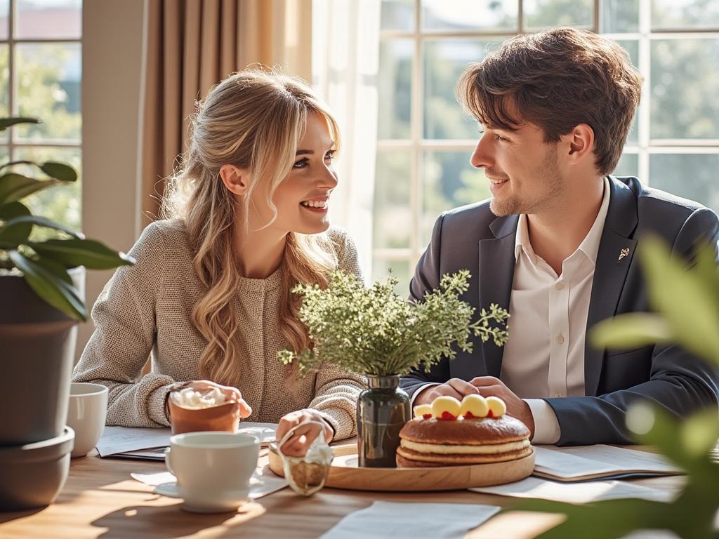 Smiling couple enjoying breakfast at a sunlit table with pancakes and coffee, surrounded by plants. Smiling couple enjoying breakfast at a sunlit table with pancakes and coffee, surrounded by plants.